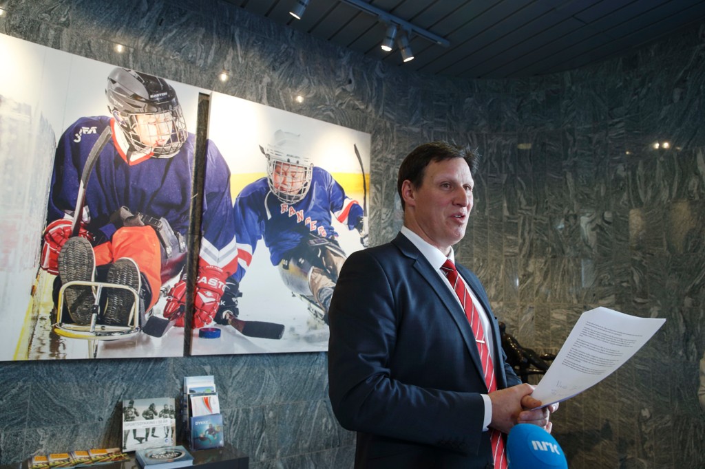 Idrettspresident Tom Tvedt met the press at his office in Idrettens House at Ullevaal stadium Sunday. 