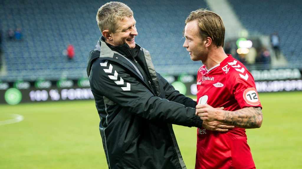 Fire coach Lars Arne Nilsen together with Fredrik Haugen after league match of football between Viking and Brann at Viking stadium. 